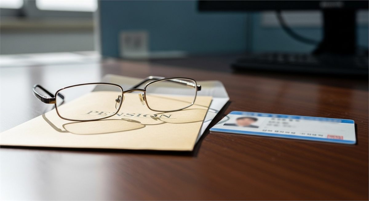 안경과 사원증 등으로 정년 논의를 상징한 책상 위 디테일