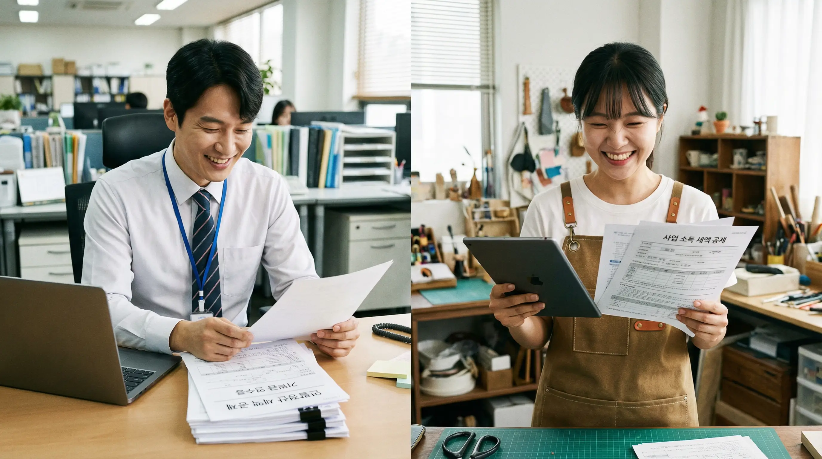 기부금 영수증과 세액 공제 혜택을 확인하며 흐뭇해하는 직장인과 사업자의 모습
