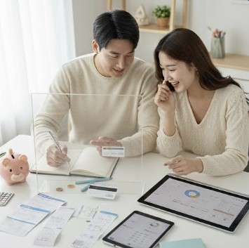 신혼부부가 경제적 상황을 하나하나 공유하며 시간을 보내고 있는 모습