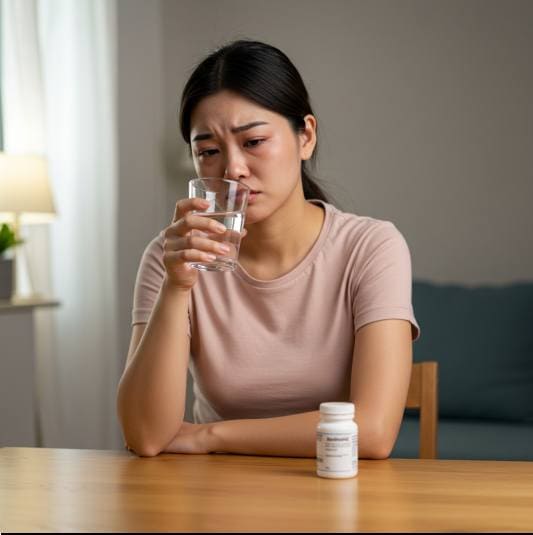 결막염 치료, 항생제 복용하는 여성