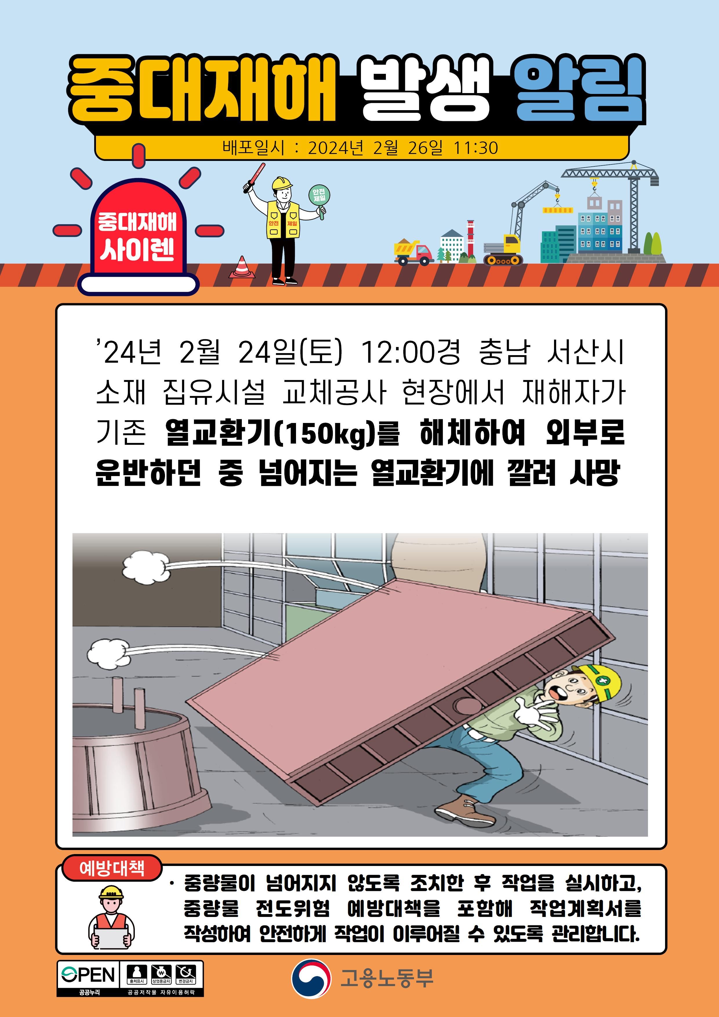 열교환기를 해체 작업 중 넘어지는 열교환기에 깔림