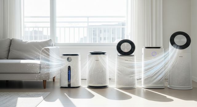 거실에 여러 대의 공기청정기가 배치된 가정용 공기청정기 비교 이미지