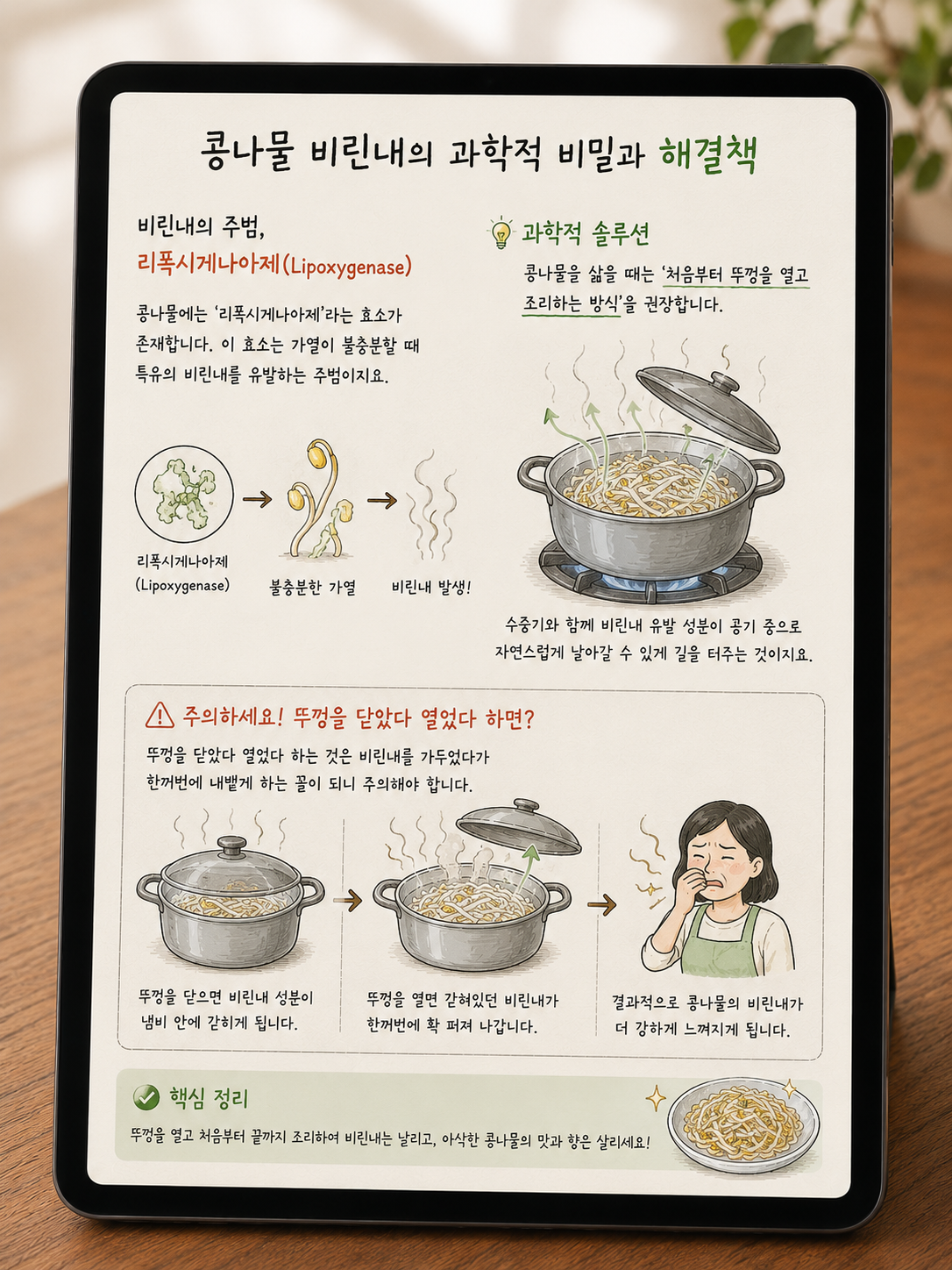 아이패드 프로크리에이트 앱 화면을 담은 일러스트. 콩나물 조리 시 비린내를 잡기 위한 과학적 원리와 실전 조리법을 상세히 설명한다. 콩나물 속 '리폭시게나아제(Lipoxygenase)' 효소가 가열이 부족할 때 비린내를 유발한다는 점을 과학적으로 짚어준다. 해결책으로 콩나물을 삶을 때 처음부터 뚜껑을 열고 조리하여 비린내 성분을 공기 중으로 날려 보내는 방식을 권장한다. 또한, 뚜껑을 닫았다가 중간에 열면 가둬두었던 비린내가 한꺼번에 퍼져 오히려 더 강하게 느껴진다는 주의점을 도식화하여 보여준다. 마지막으로 뚜껑을 열고 처음부터 끝까지 조리하여 아삭함과 향을 살리는 핵심 요령을 정리한 정보 전달형 일러스트이다.