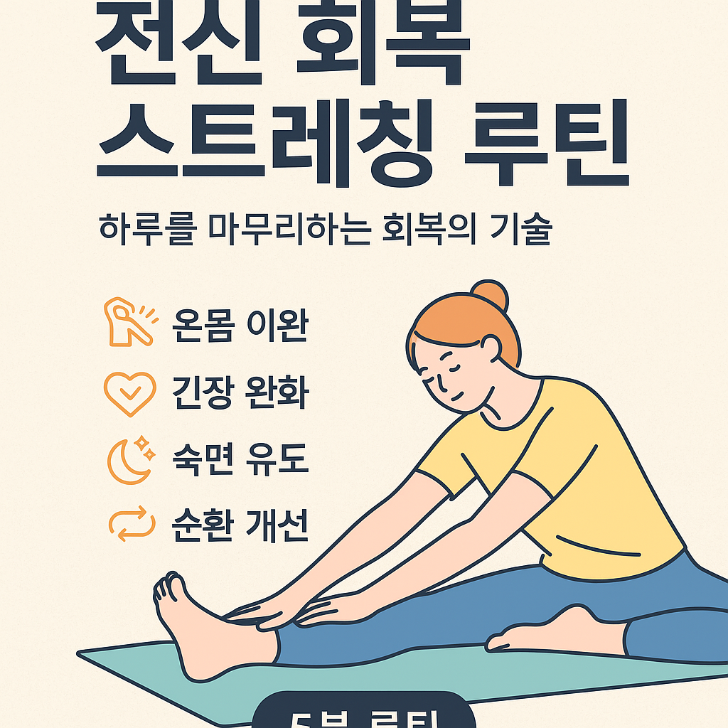 전신 회복과 피로 완화를 위한 스트레칭 루틴을 소개하는 한국어 인포그래픽 이미지로, 고양이 자세, 목 돌리기, 허리 비틀기 등 하루 마무리를 위한 루틴 동작이 포함된 플랫 스타일 일러스트