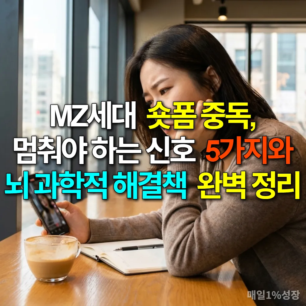 카페에서 스마트폰을 보며 숏폼 콘텐츠에 몰두하는 20대 한국 여성의 모습