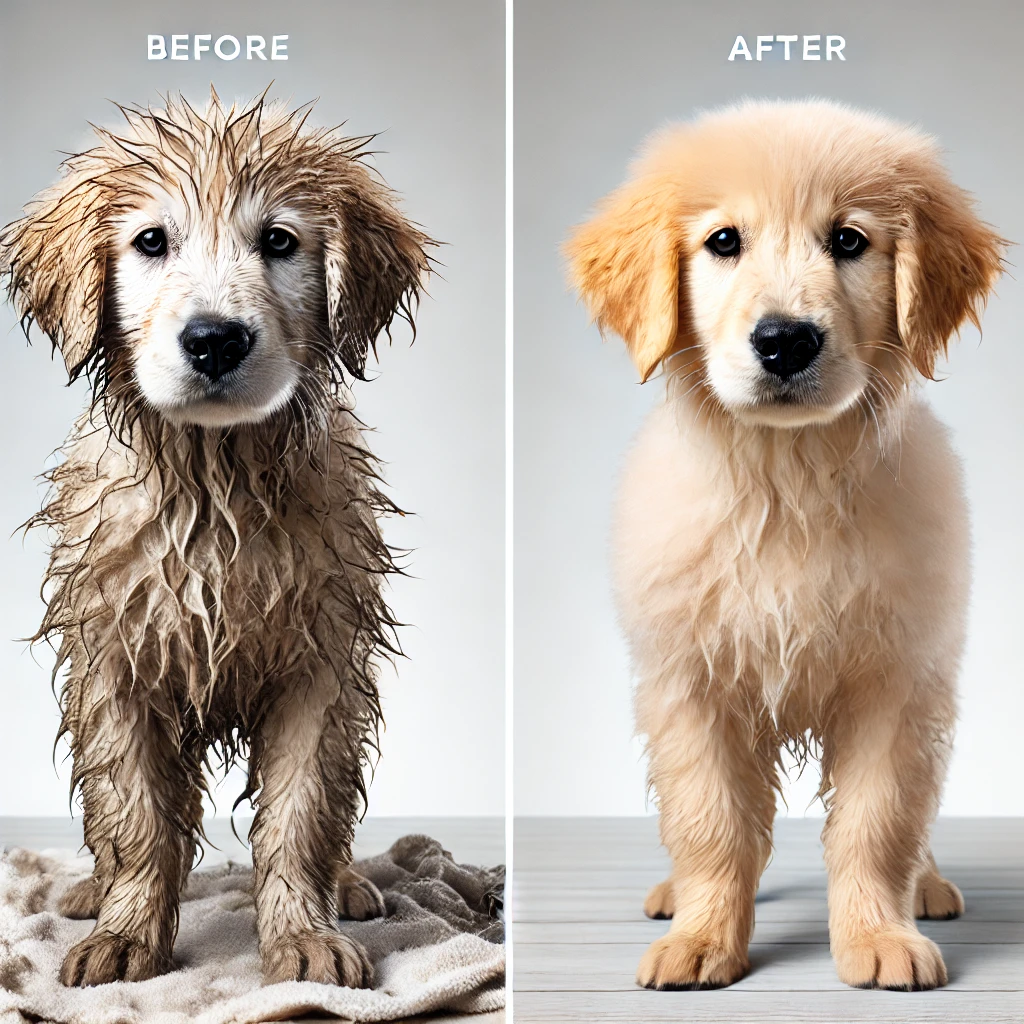 강아지 목욕 전후 비교 – 목욕 전에는 털이 지저분하고 기름진 모습, 목욕 후에는 깨끗하고 보송한 모습