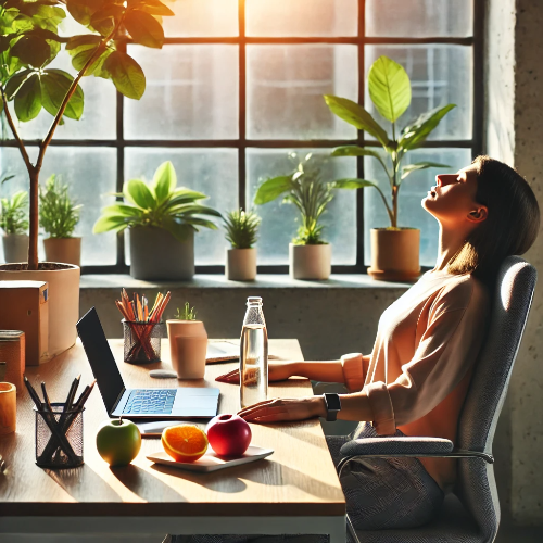 창가 책상에서 스트레칭하며 휴식을 취하는 직장인