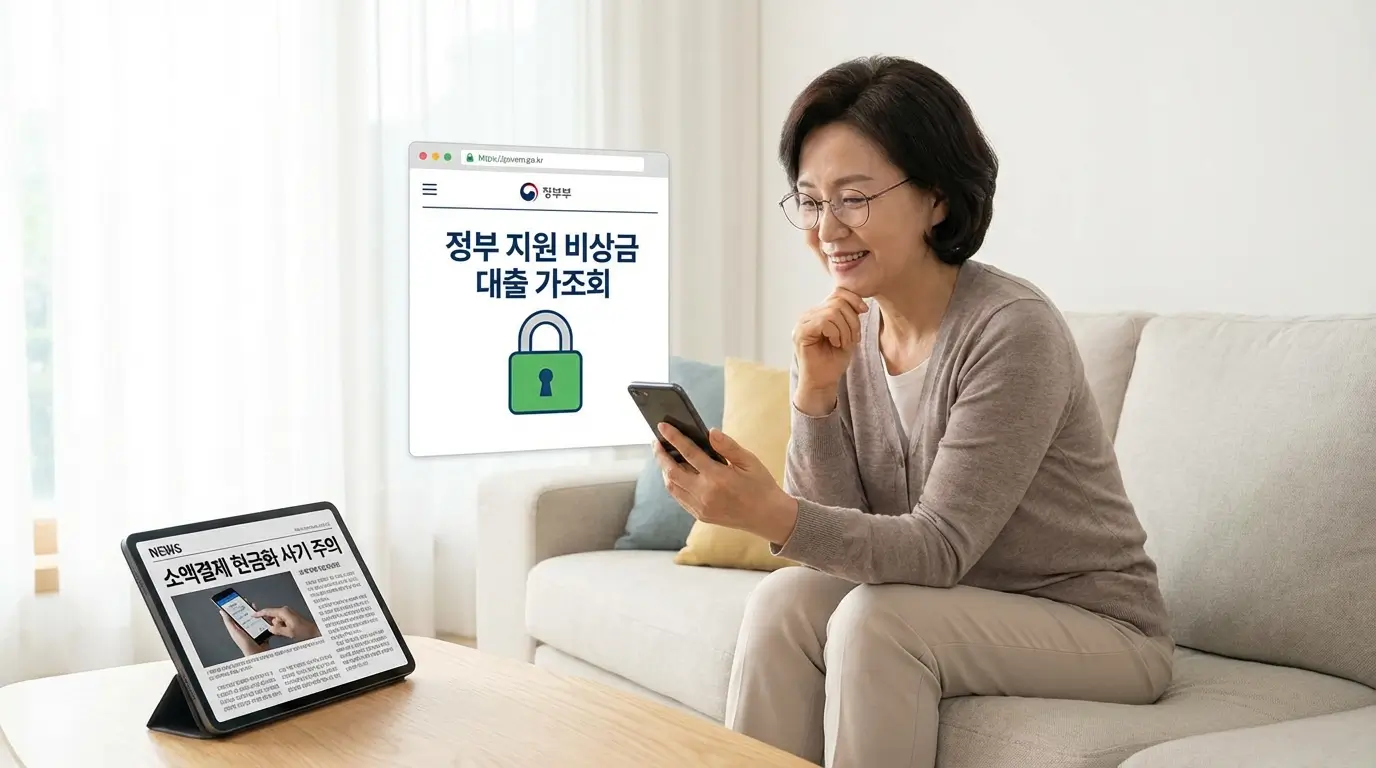 스마트폰으로 안전한 정부 지원 비상금 대출 한도를 가조회하여 불법 소액결제 현금화 사기를 피하는 현명한 소비자의 모습