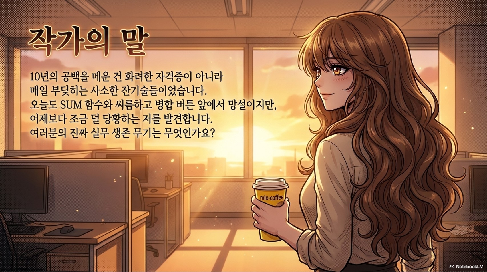 퇴근 무렵 사무실에서 믹스커피를 들고 하루를 돌아보는 직장인의 모습