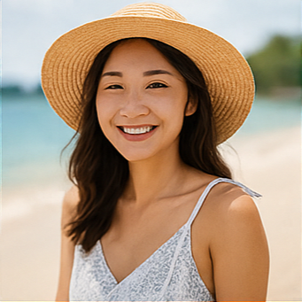 맑은 바다와 해변&amp;#44; 모자를 쓴 미소 짓는 여성&amp;#44; 여행을 준비한 모자와 선글라스가 함께 있는 이미지.