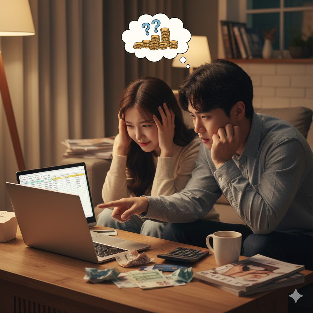 신혼여행 준비에 커플 재정 고민을 하고 있는 커플