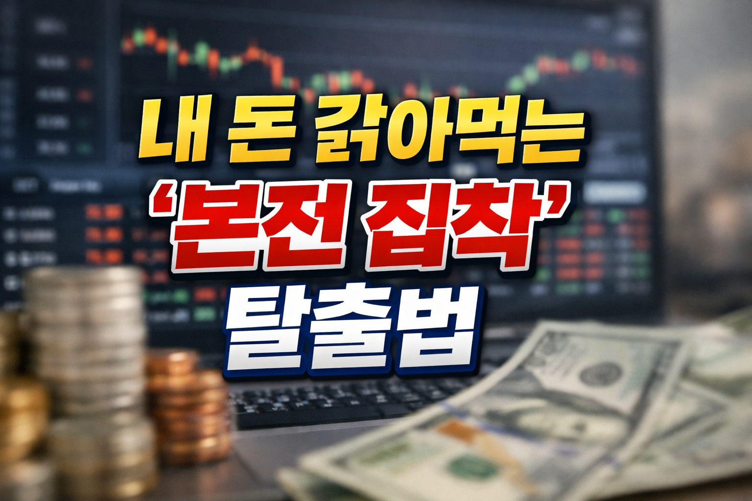 노트북 주식 차트와 달러 지폐, 동전이 놓인 배경 위에 &ldquo;내 돈 갉아먹는 본전 집착 탈출법&rdquo; 문구가 크게 들어간 투자 심리 관련 썸네일 이미지