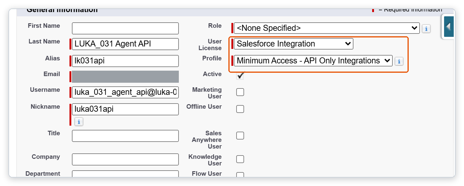 New User 화면에서 User License Salesforce Integration과 Profile Minimum Access - API Only Integrations가 강조되어 있다