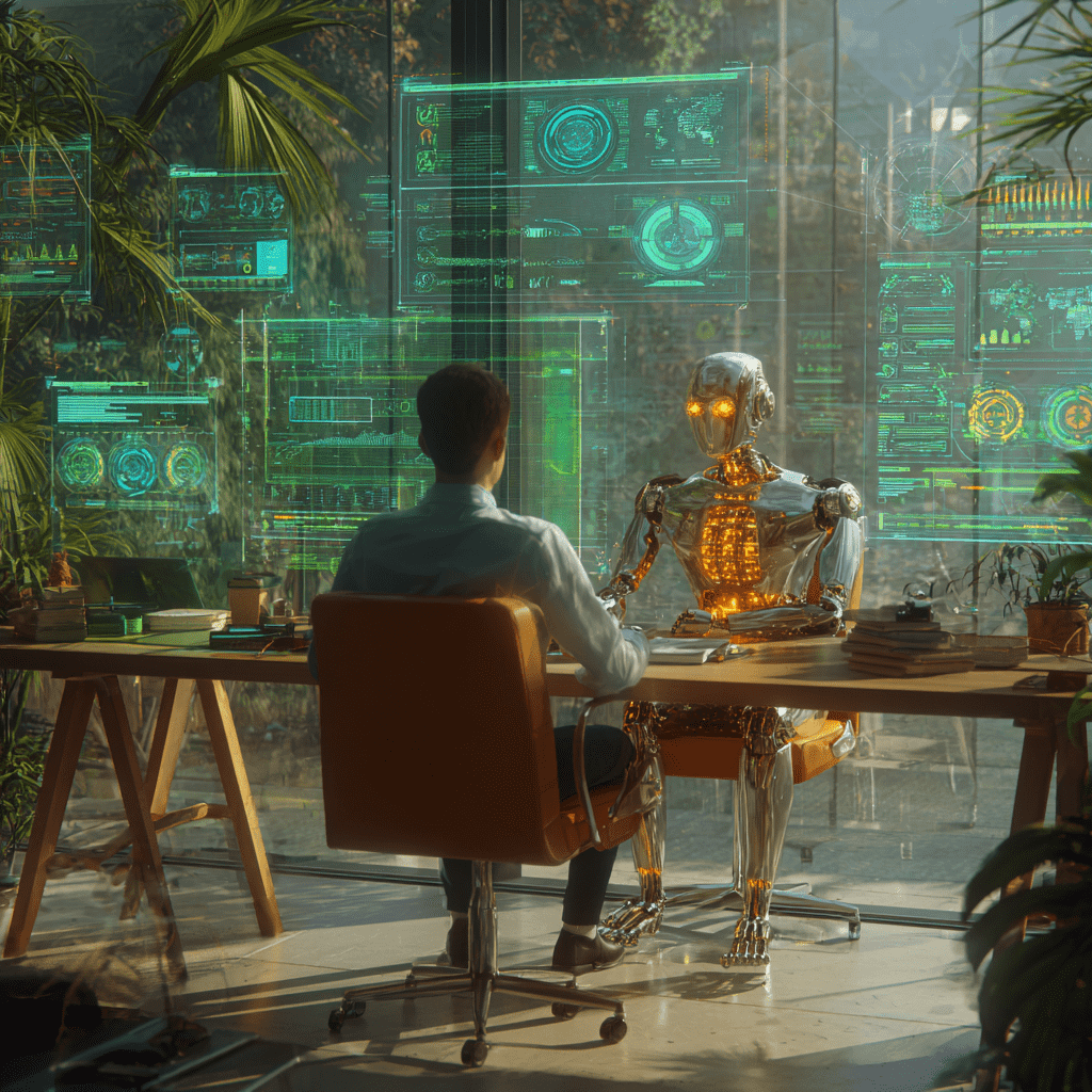 인간과 AI 로봇이 협력하여 일하는 미래적인 모습