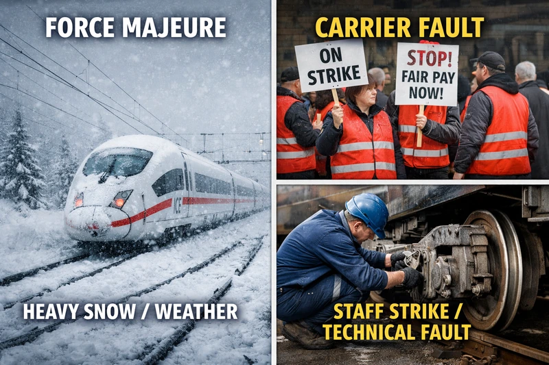 눈보라로 멈춘 유럽 고속열차의 불가항력 상황과, 파업 시위 및 차량 수리 장면으로 표현한 철도사 귀책 상황을 좌우로 비교한 분할 이미지