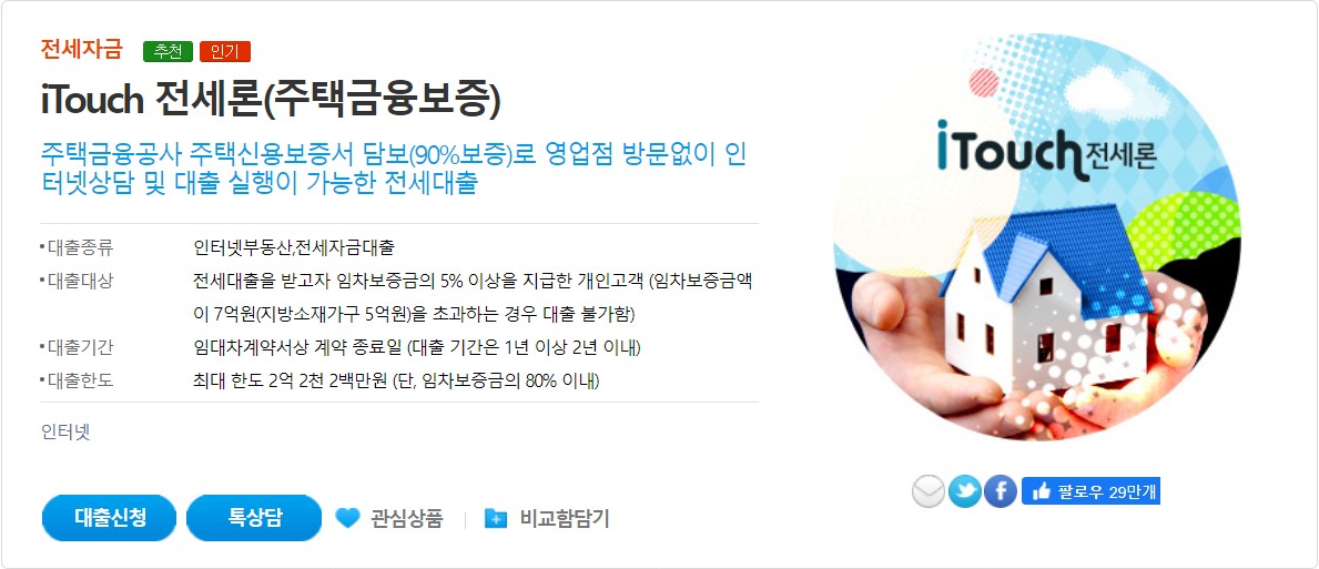 우리은행 iTouch 전세론(주택금융보증)