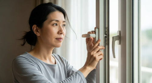 실내 환기를 위해 창문을 열고 있는 가정주부 모습