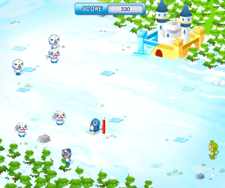 눈-몬스터의-침입-쥬니어네이버-동물농장-플래시게임-플레이2-펭귄이-눈덩이를-던지기-위해서-게이지를-채우는-화면