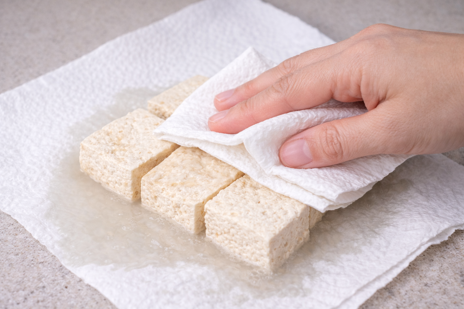 냉동 두부를 해동한 뒤 키친타월로 눌러 물기를 제거하는 모습입니다.