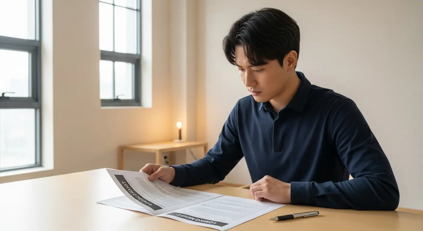 밝은 표정의 한국인 사용자가 바로바로론 대출 계약서를 신중하게 검토하는 모습