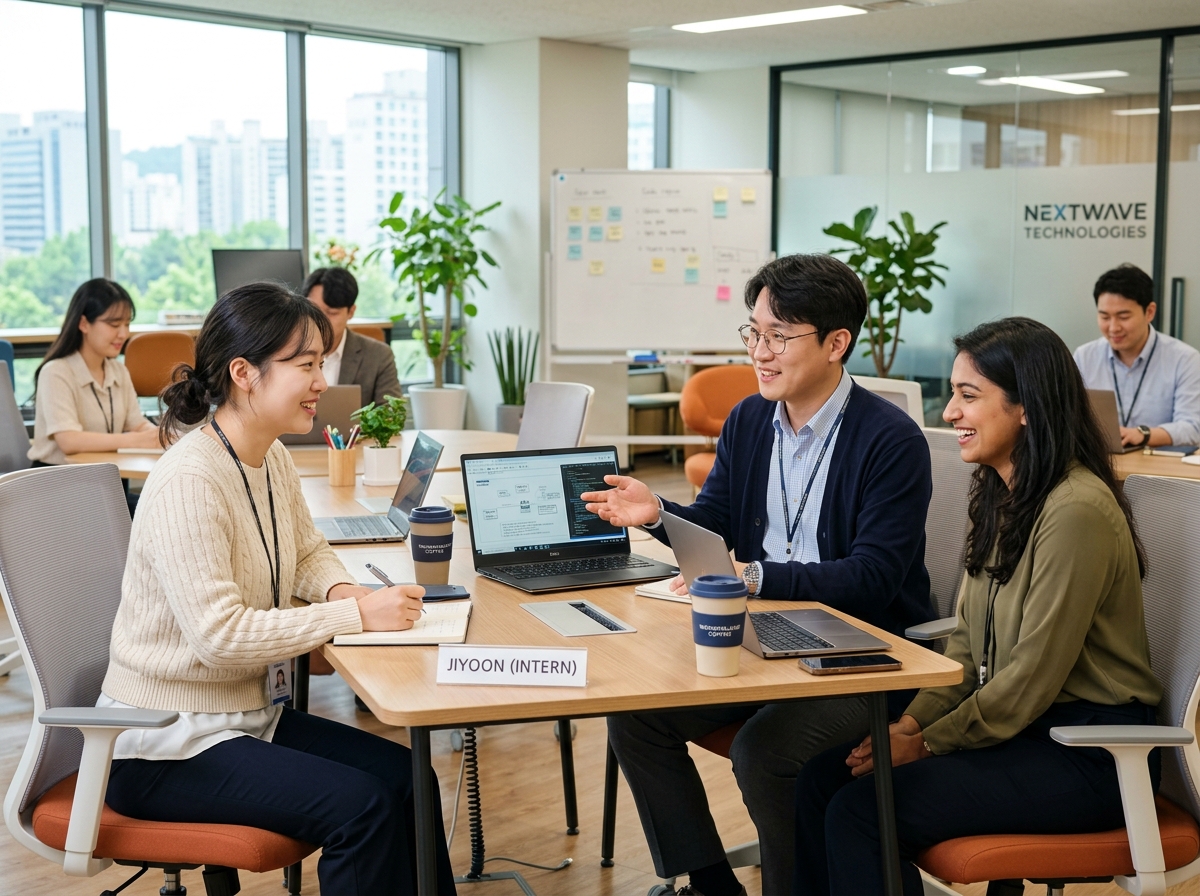 alt="밝은 사무실에서 동료들과 함께 업무를 배우고 있는 여성 인턴의 모습"