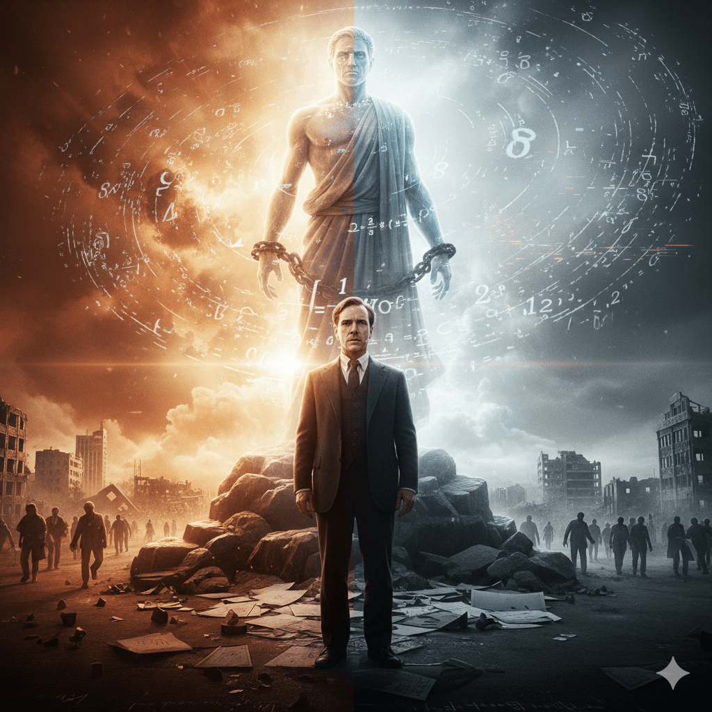 영화 오펜하이머 속 주인공이 고뇌하는 모습 뒤로, 하늘의 불을 훔친 대가로 결박당한 프로메테우스의 환영과 핵폭발의 잔상이 교차하는 장면