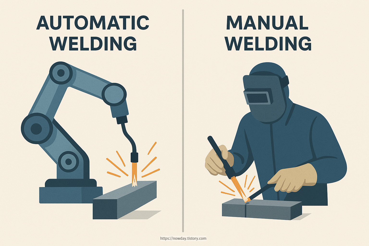 Illustration showing manual welding with a person and automatic welding using a robot arm