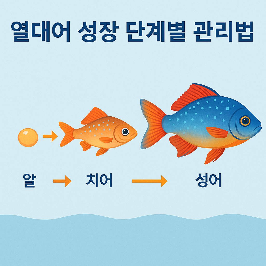 물결 무늬 배경 위에 열대어의 성장 과정을 알 &rarr; 치어 &rarr; 성어 순으로 보여주는 일러스트 인포그래픽. 왼쪽부터 노란 알, 주황색 작은 치어, 파란색 성어가 오렌지색 화살표로 연결되어 있으며, 상단에는 "열대어 성장 단계별 관리법"이라는 파란색 제목이 한글로 적혀 있다.