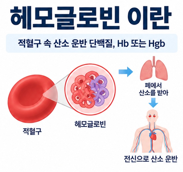 헤모글로빈 이란이라는 제목과 적혈구, 산소, 폐와 전신 혈관을 함께 표현한 대표 이미지