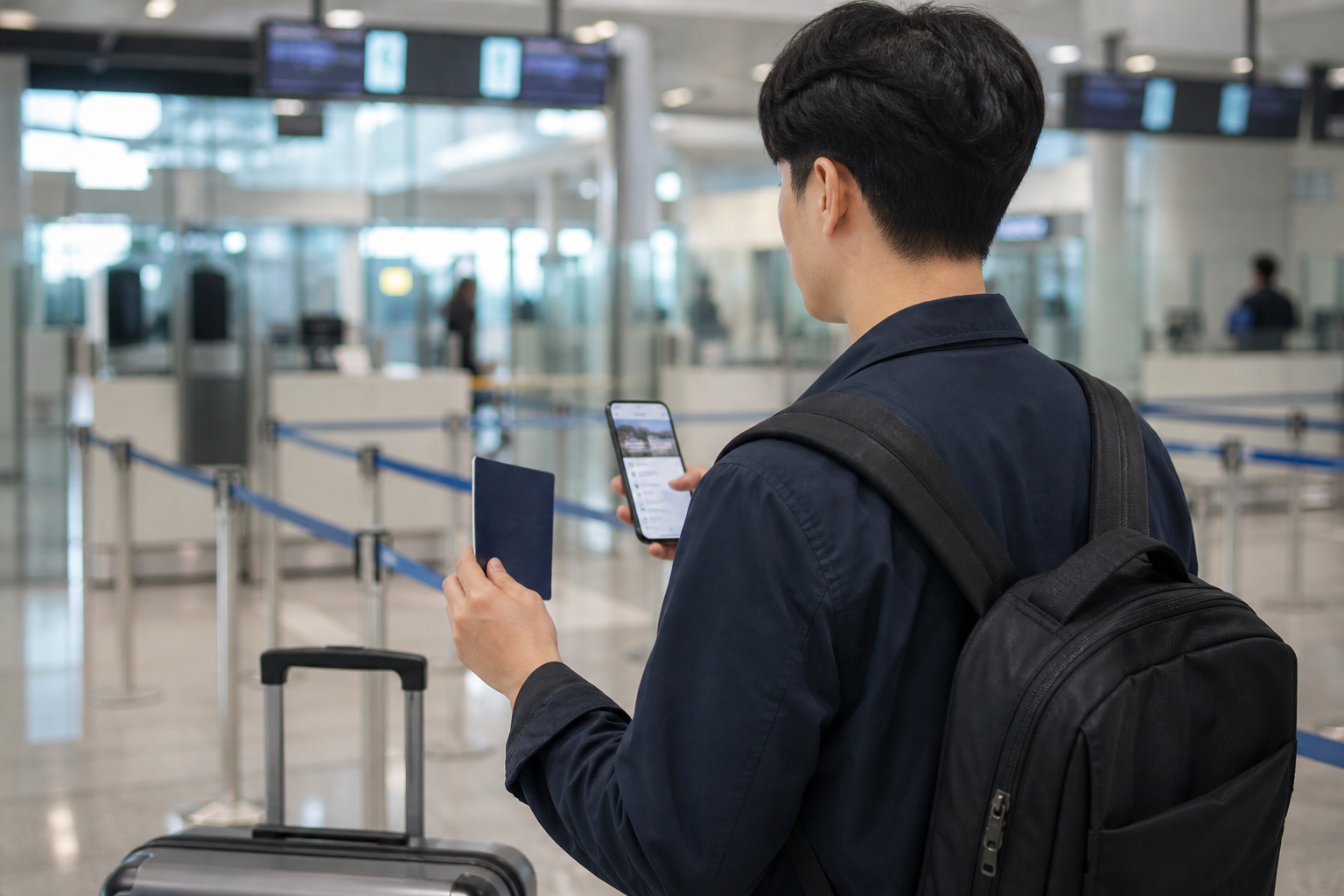 중국 공항 입국 심사를 준비하는 한국인 여행자