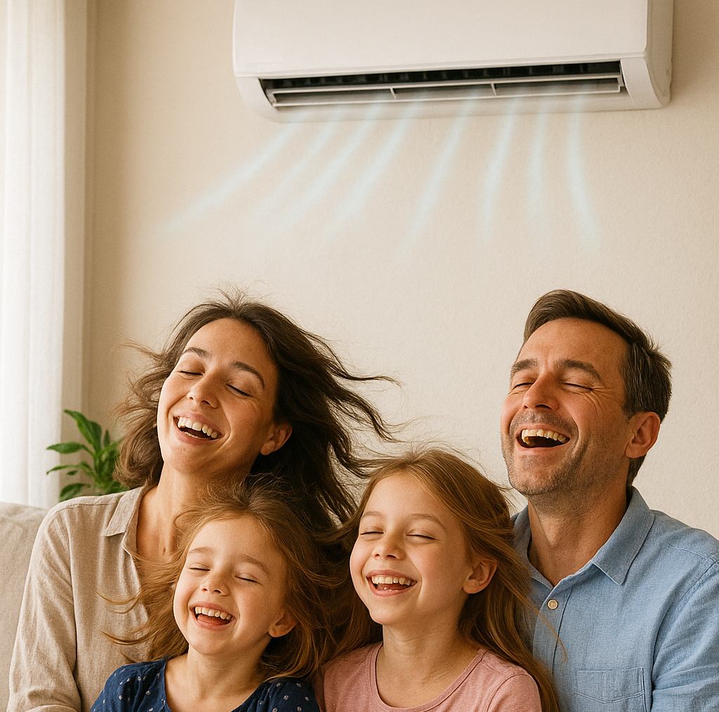 여름철 냉방비 절약법 (에어컨 아래 시원함과 쾌적함에 행복해하는 가족사진)