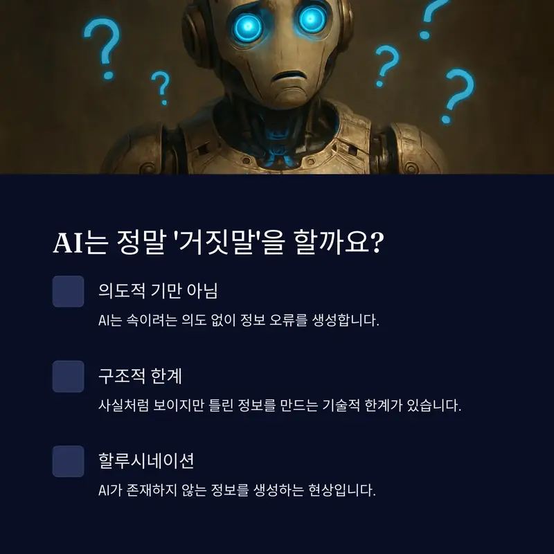 AI 할루시네이션 원리 설명 이미지: 질문에 혼란스러워하는 로봇의 모습, 챗GPT의 구조적 한계와 정보 오류를 상징