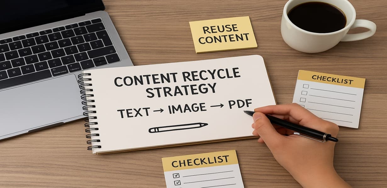 “CONTENT RECYCLE STRATEGY라고 적힌 노트와 TEXT → IMAGE → PDF 흐름을 작성 중인 손, 체크리스트와 커피, 노트북이 놓인 책상 위 장면”