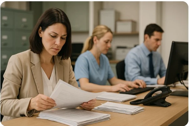 병원 행정직 직원들이 사무실에서 서류와 컴퓨터 업무 처리하는 모습