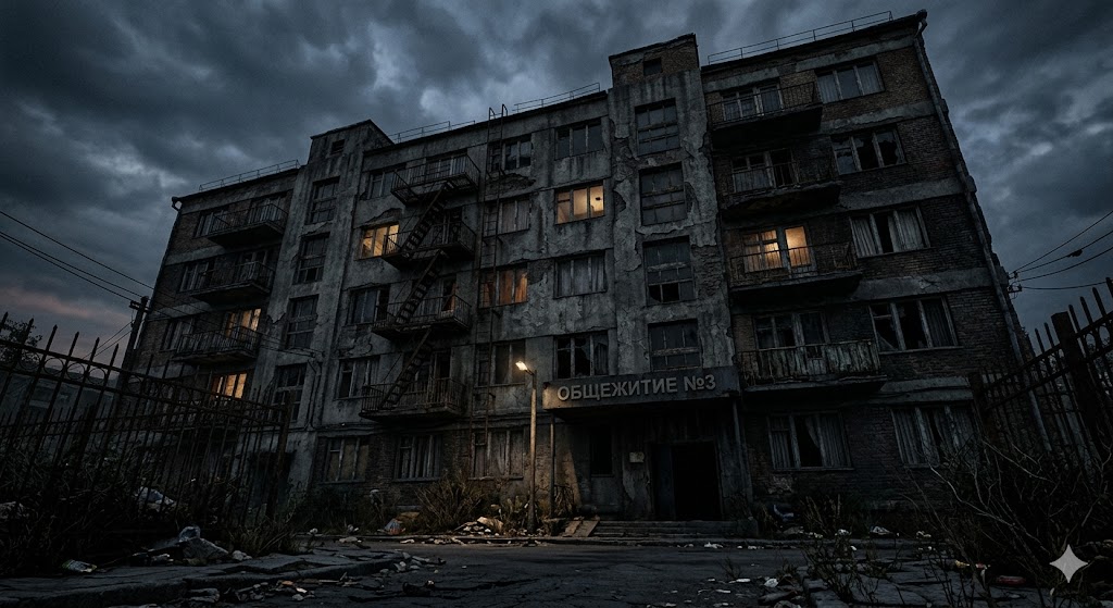 A low-angle shot of the eerie, dilapidated exterior of Gwangrim Mansion at dusk, with only a few dim lights flickering in the windows, projecting an overwhelming sense of isolation.
