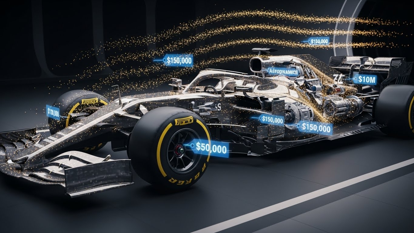 F1 머신 가격 구조와 공기역학 개발비용을 시각화한 투시도 이미지