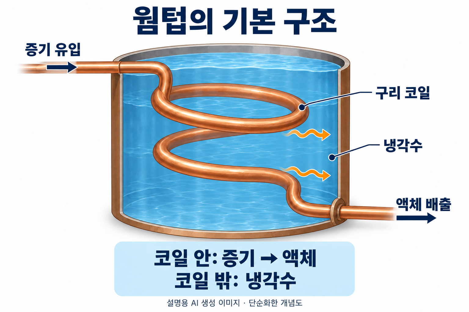 웜텁 상단으로 유입된 증기가 냉각수 속 연속된 구리 코일을 지나 액체로 응축되어 하단 출구로 나가는 개념도. 코일 안의 증기·액체와 코일 밖의 냉각수는 분리된다.