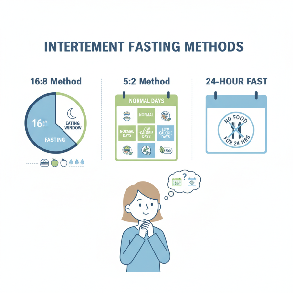 16:8, 5:2, 24시간 단식 등 다양한 간헐적 단식 방법들이 시각적으로 표현된 인포그래픽.