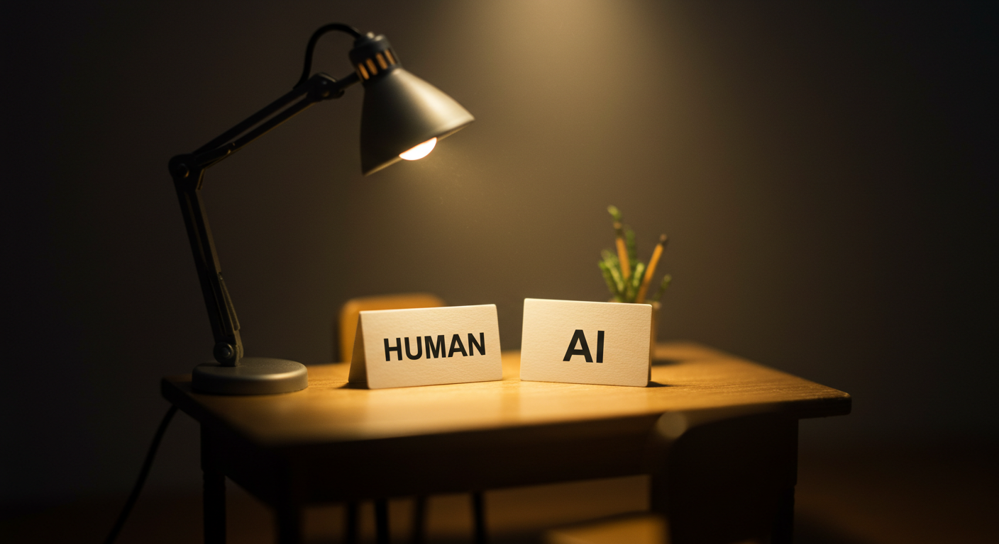 미니어처 책상 위에 사람 글과 AI 글을 상징하는 작은 카드 두 장이 배치된 틸트쉬프트 대표 이미지