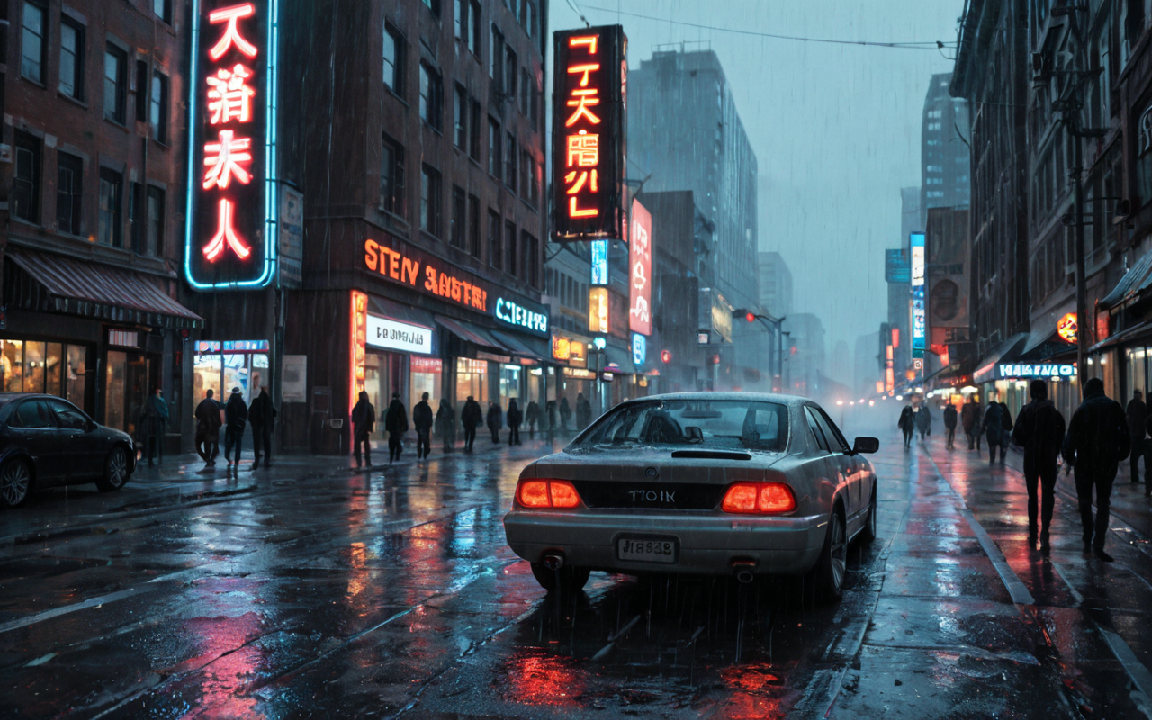 AI로 생성한 비내리는 미래 사이버펑크 도시의 모습