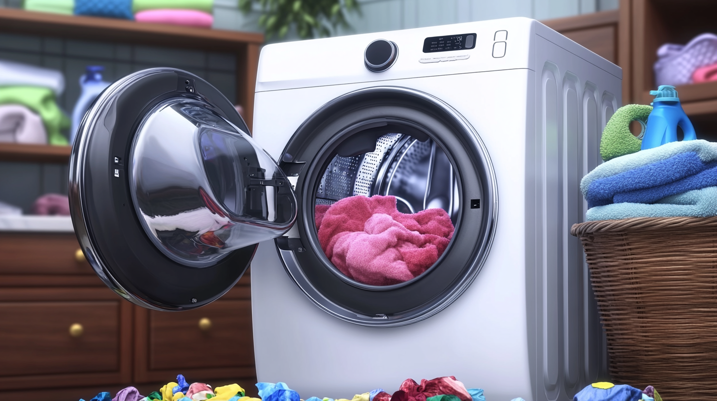 삼성 세탁기가 효과적으로 얼룩을 제거하는 장면이 선명하고 생동감 있게 보여지며, 이전 모델들이 애먹고 있는 모습과 대조되어 있습니다.