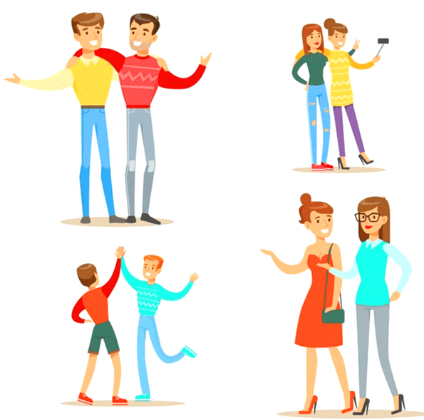 청년들과 아가씨들이 둘씩 어깨동무를 하며 반갑게 웃는 그림이다.