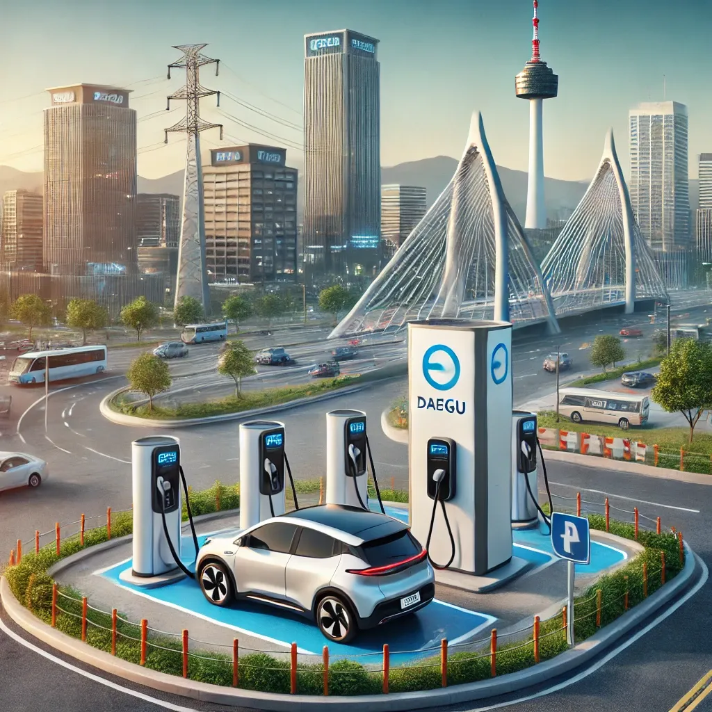 대구 타워를 배경으로 한 전기차 충전소와 충전 중인 차량