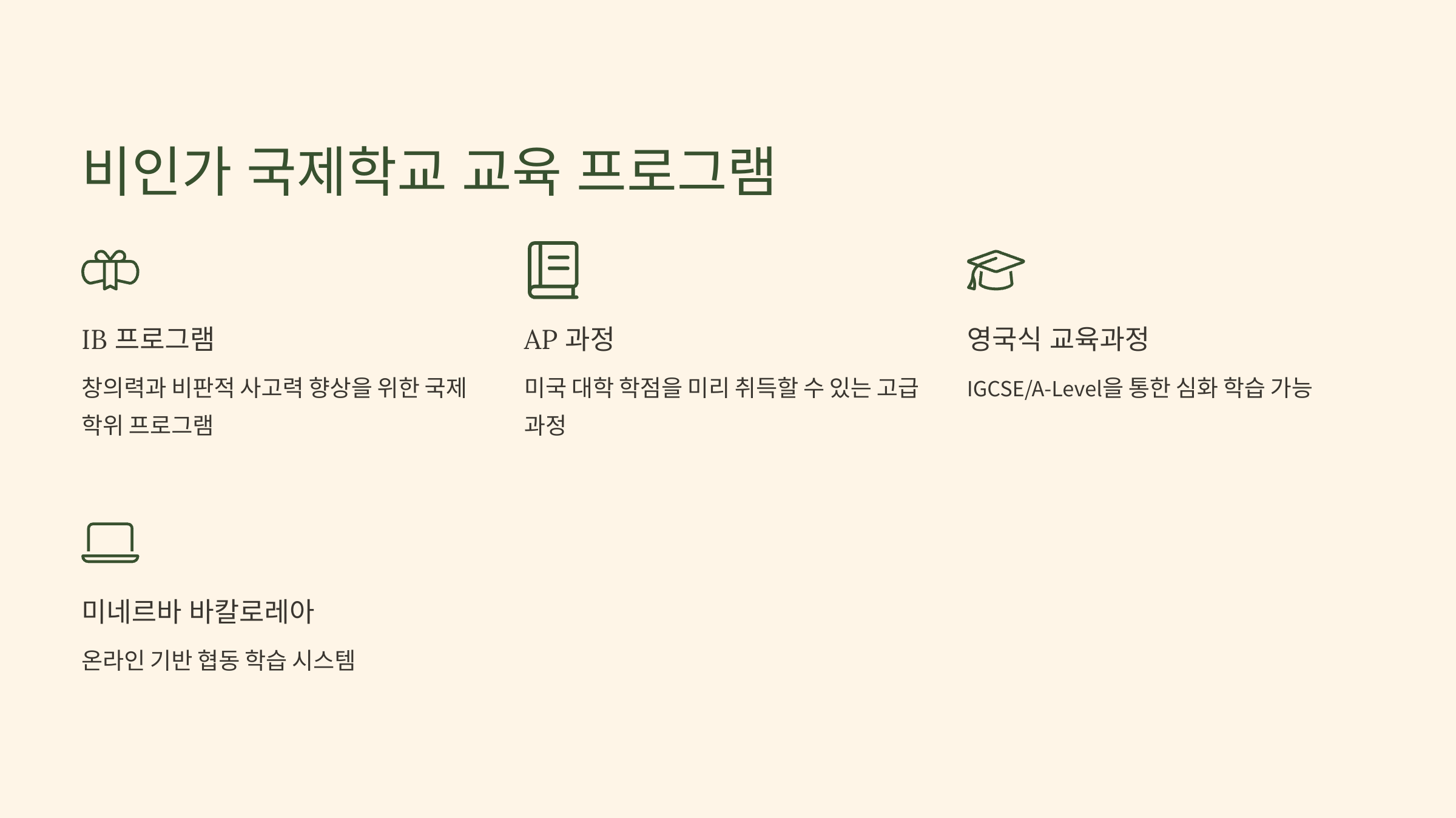 “비인가 국제학교에서 제공하는 교육 프로그램. IB, AP, 영국식 교육 과정, 미네르바 바칼로레아 등 다양한 커리큘럼 설명.”