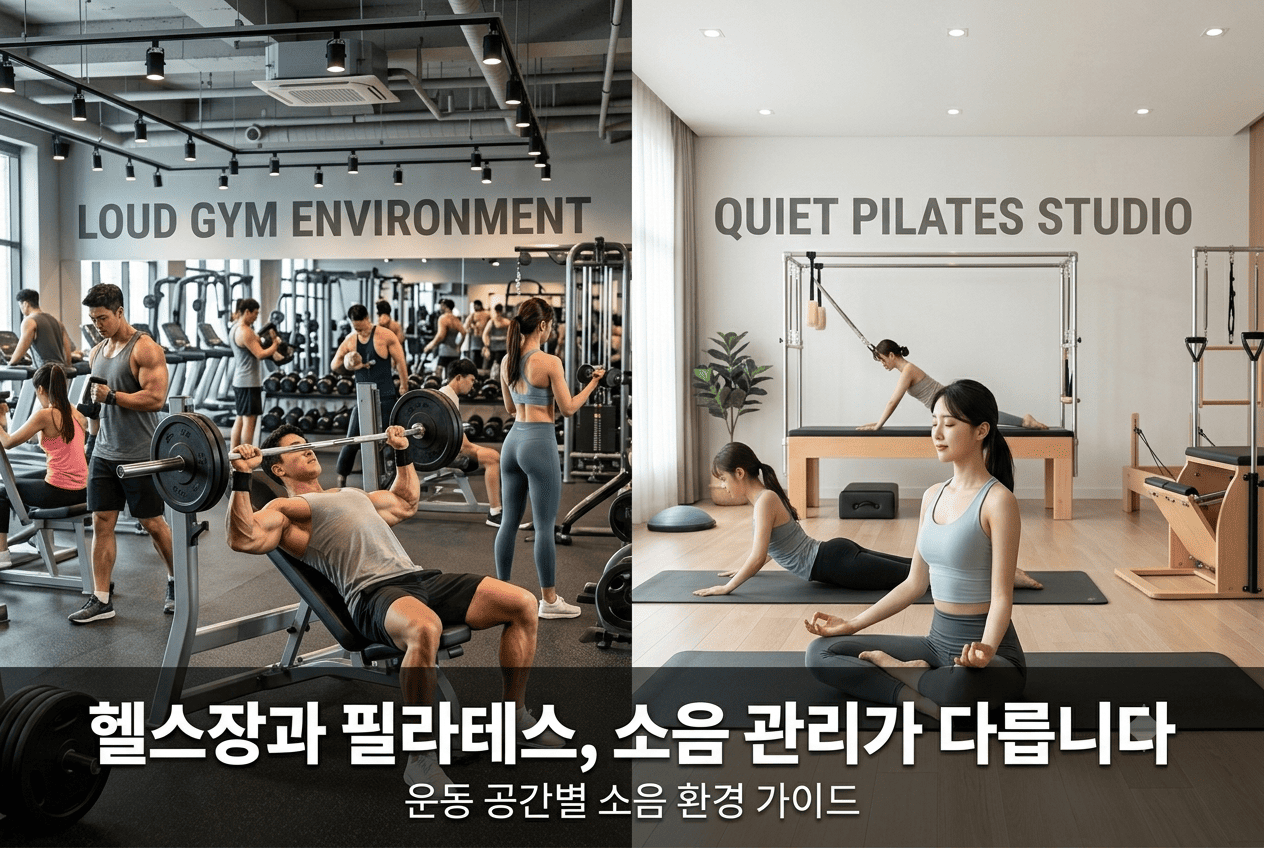 헬스장과 필라테스 스튜디오가 서로 다른 방식으로 소리 환경을 관리하는 모습을 비교한 이미지