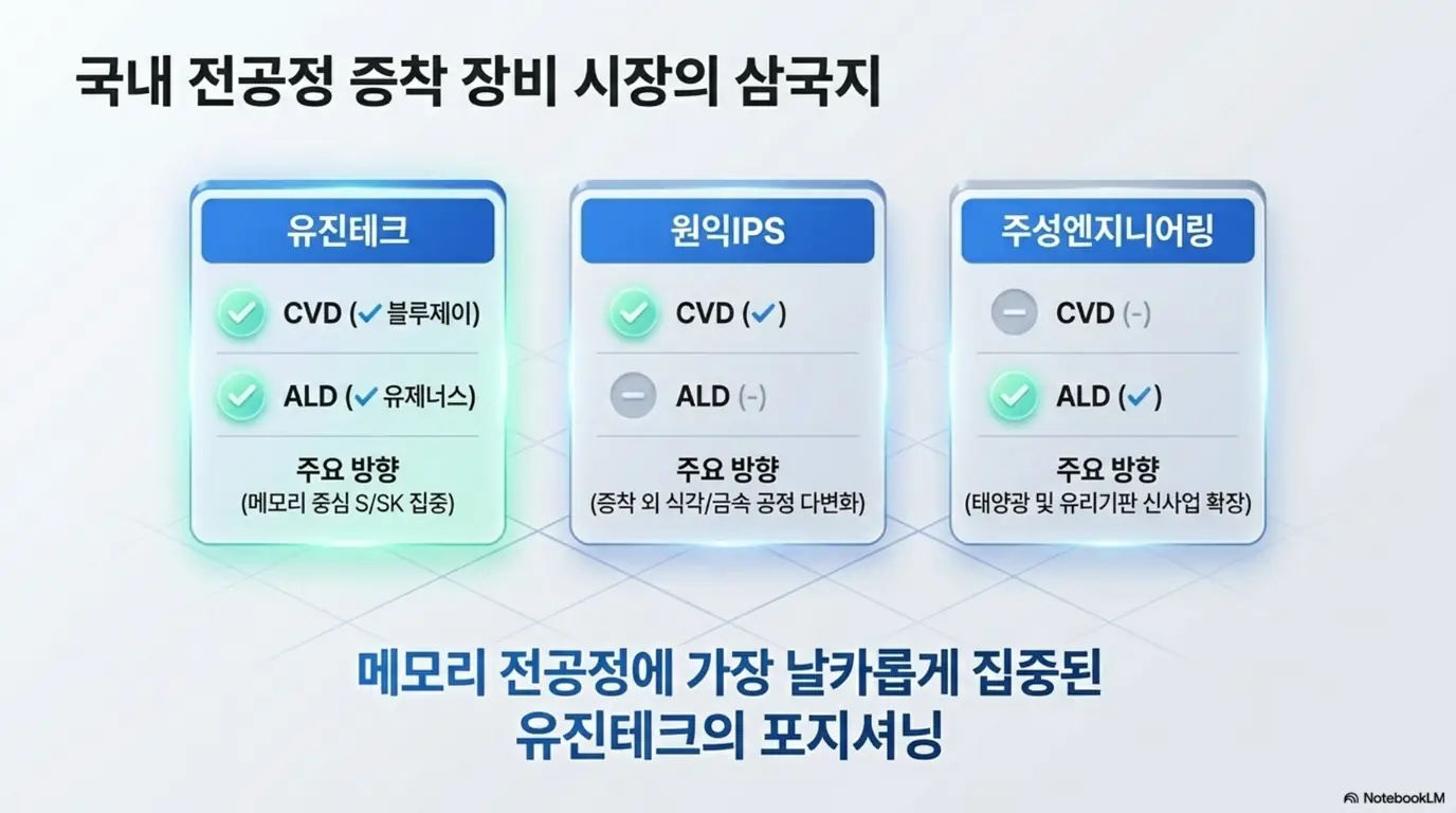 유진테크 주가 전망: 국내 전공정 증착 장비 시장에서 유진테크, 원익IPS, 주성엔지니어링을 비교한 표 이미지. 유진테크는 CVD와 ALD를 모두 갖추고 메모리 중심 삼성·SK에 집중한다는 점을 강조하며, 블로그의 유진테크 경쟁사 비교 분석과 관련된 내용을 설명함