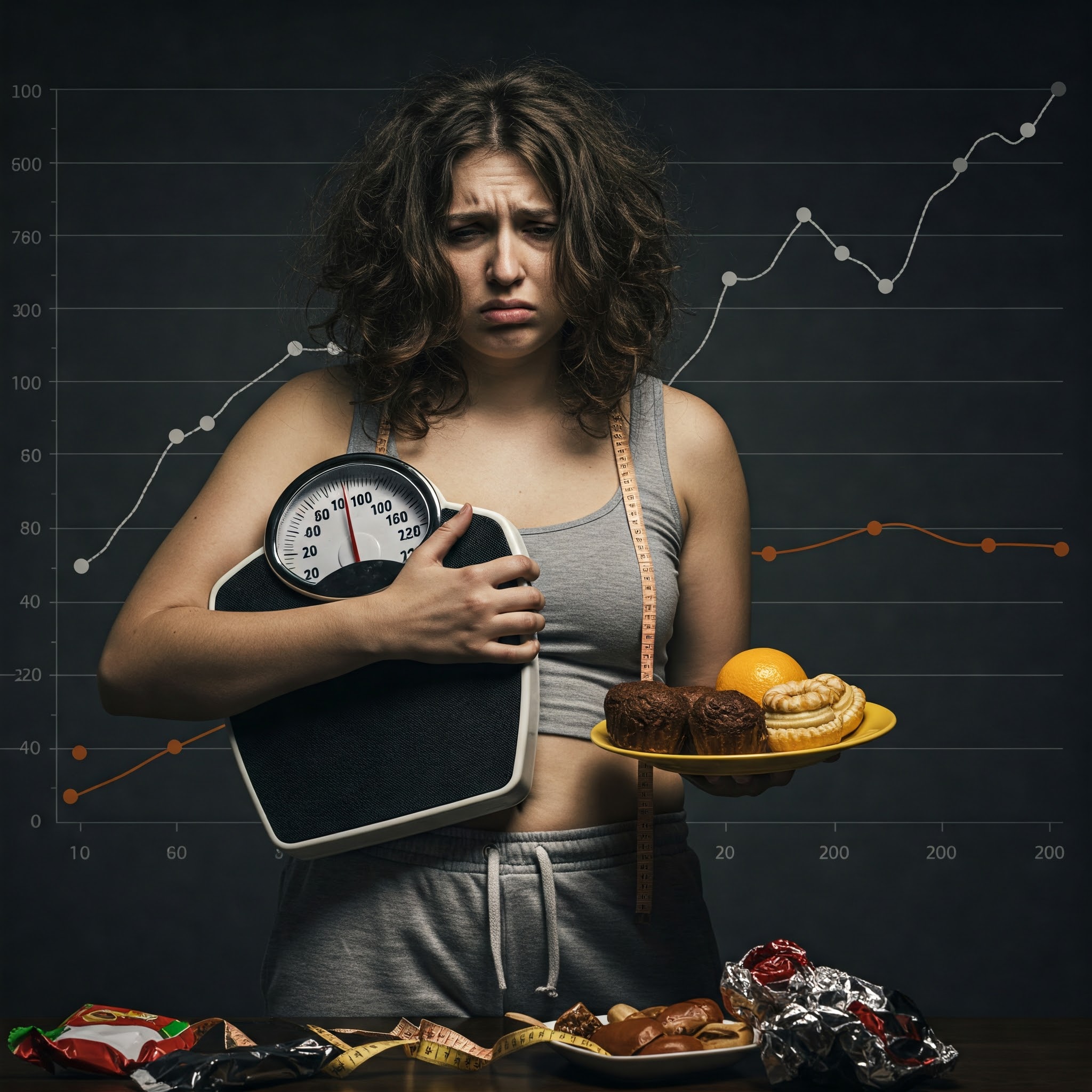 다이어트 실패를 보여주는 좌절한 사람의 모습과, 요요 곡선 그래프