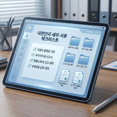 종합소득세 신고를 위한 각종 증빙 서류 체크리스트가 띄워진 최신 태블릿 PC의 클로즈업 샷. 디지털 증명서와 폴더들이 체계적으로 정리된 UI가 돋보이며, 푸른빛의 은은한 광원이 전문적이고 신뢰감 있는 분위기를 자아내는 8k 초고해상도 이미지.
