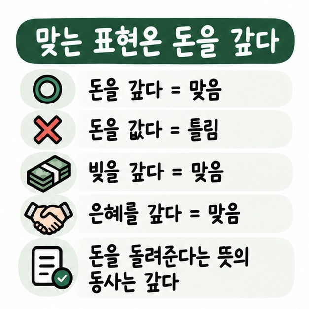 돈을 갚다와 빚을 갚다, 은혜를 갚다가 맞고 돈을 값다는 틀린 표현임을 비교한 카드