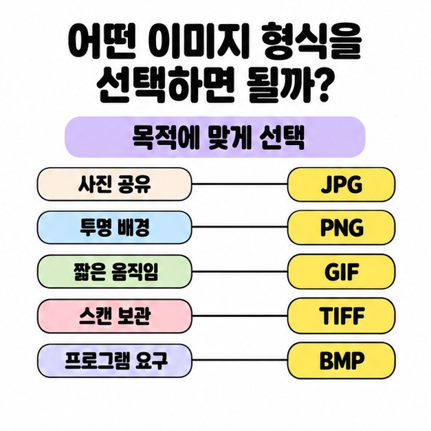 사진 공유는 JPG, 투명 배경은 PNG, 짧은 움직임은 GIF, 스캔 보관은 TIFF, 프로그램 요구는 BMP로 연결한 선택 기준